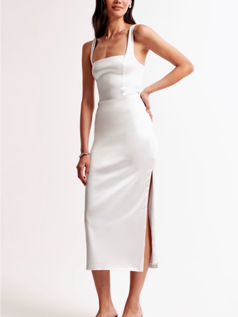 Abercrombie & Fitch White Square-Neck Midi Dress with Side Slit